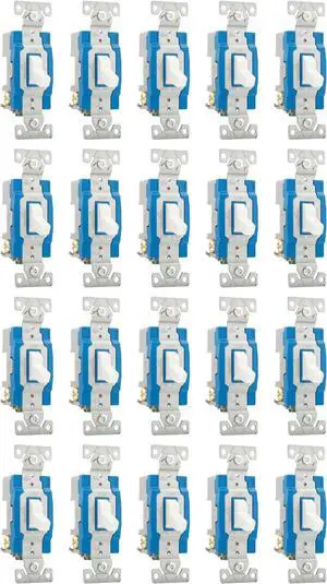 (case of 20) Eaton construction grade toggle switch, #14-10 AWG, 15A, Wall, 120/277V, Back and side, Screw, White, Three-Way, Polycarbonate