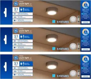 (case of 15 total pucks) GE 4 Watt Dimmable Modern Easy Linking Corded Electric ?Ceiling Mount Plastic 5,0000 Hour 3.1 Inch Diameter LED Puck Lights, Set of 5, Silver