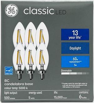 (pack of 6) GE Lighting Classic LED Decorative Chandelier Bulb, Candelabra Base, 5 watt, 500 lumen, Dimmable, Daylight 5000K