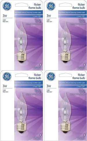 (case of 4 ) GE Flicker-Flame Light Bulb, pleasing reassuring dancing candlelight, Decorative Flicker Flame Light Bulb, Medium Base, bent tip, crystal clear, classic 3 watt bulb