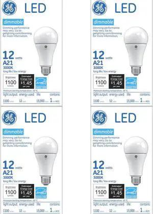 (4 bulbs) GE LED A21, 12 Watt, 1100 Lumen, 3000K, Dimmable, Medium Screw Base, 5. 16 IN Length, 15000 HR Average Life