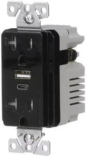 Eaton TRUSBAC20BK  USB A&C duplex 20 Amp receptacle, charges USB type A and/or Type C wihtout adapters, 5 Amp charging, 20A receptacle, Tamper Resistant, Black