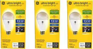 (quantity of 3) GE ultra bright LED A21 Light Bulb, 22 watts, 2610 lumens, Dimmable, Daylight 5000K, Indoor and Outdoor, medium base (150 watt equivalent) UltraBright LED Bulb