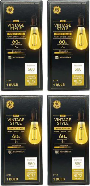 (4 bulbs) GE Vintage LED ST19, Amber Glass, 6 watts, 560 lumens, Dimmable, Medium base, Vintage Style LED Light Bulb