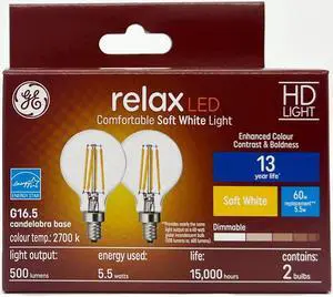 (2 bulbs) GE relax LED G16.5 Light Bulb, 5.5 watts, 500 lumens, Soft White 2700K, Dimmable, Candelabra base, HD Light for Enhanced Color Boldness & Contrast relaxLED  (60 watt equivalent)