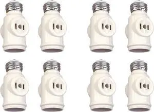 (case of 8) Eaton socket adapter, One socket to one socket with two 250W NEMA 1-15R outlets, 125V, Medium base, White, Thermoplastic, 715-3W-SP