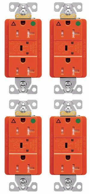 (case of 4) Eaton TRIG8362RNS 20 Amp TVSS Surge Protection Duplex Receptacle w/Alarm and LED Indicators, Hospital Grade, Tamper Resistant, Orange, LED verify surge protection & ground, 125V.