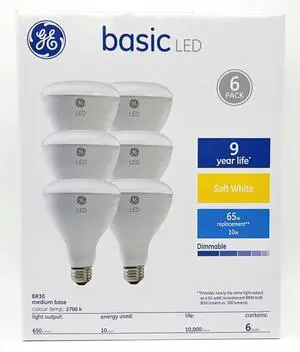 (6 bulbs) GE LED BR30, 10 watt, 650 lumen, soft white 2700K, Dimmable, medium base