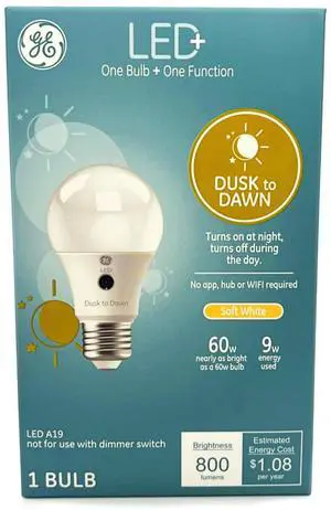 GE LED+ Dusk to Dawn LED Light Bulb, Soft White, A19, Outdoor use, 9 watts, 800 lumens, medium base, turns on at night, turns off during the day, no hub, app or wifi required