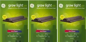 (quantity of 3) GE grow light LED for Seeds and Greens, balanced light spectrum, 10 inch x 20 inch LED panel, 80 watt, High Output 140 PPF (includes linking cord)