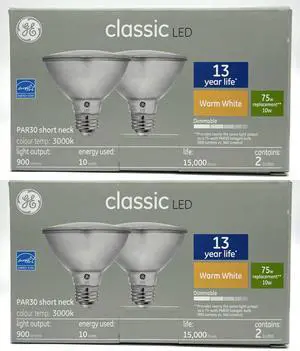 (4 bulbs) GE classic LED PAR30 Shortneck, 10 watt, 900 lumen, 3000K warm white, Dimmable