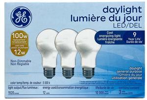 (3 bulbs) GE general purpse LED A19 light bulb, 12 watts, 1520 lumens, replaces 100 watt, beautiful daylight, medium base