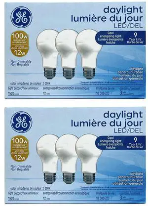 (6 bulbs) GE general purpse LED A19 light bulb, 12 watts, 1520 lumens, replaces 100 watt, beautiful daylight, medium base