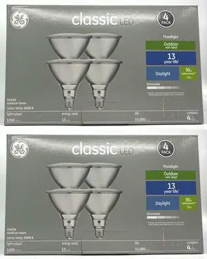 (4 bulbs) GE Classic LED PAR38 Outdoor floodlight, 13 watt, 1200 lumen, Daylight 5000K, Dimmable, medium base