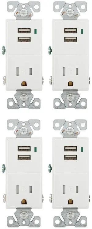(case of 4) Eaton Wiring Devices TR7740W-BOX 15 Amp 125 VAC 2-Pole 3-Wire NEMA 5-15R White Combination USB Charger with Receptacle