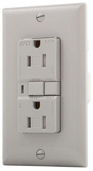 Eaton AFCI receptacle, TRAFCI15GY, Grey finish, Visual Trip Indicator Light, Arc Fault Circuit Interrupter duplex receptacle, 15A, 125V, two pole, three wire, grounding