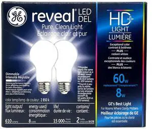 (2 bulbs) GE reveal LED A19 Light Bulb, 8 watts, 610 lumens, 2850K Reveal HD Light, Dimmable,  Exceptional Color Contrast and Boldness, medium base