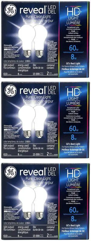 (6 bulbs) GE reveal LED A19 Light Bulb, 8 watts, 610 lumens, 2850K Reveal HD Light, Dimmable,  Exceptional Color Contrast and Boldness, medium base