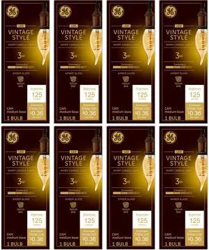 (case of 8) GE Vintage Decorative Bent Tip 3-Watt LED Light Bulb (25W Equivalent), Dimmable with Amber Finish and Spiral Filament, Medium Base, Single Bulb