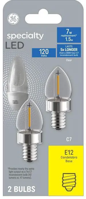 (2 bulbs) GE Lighting 93129008 LED Night Light C7 Candelabra Base, 1.5 watt, clear