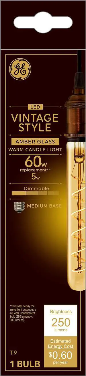 GE Lighting Vintage Style LED Tube Light Bulb, 5 Watts (60 Watt Equivalent) Warm Candle Light, Amber Glass, Medium Base, Dimmable, spiral filament (1 Pack)