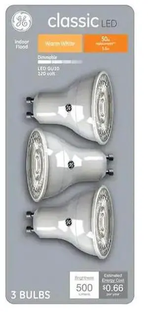 GE classic LED MR16, Dimmable, 5.5 watt, 50 watt equivalent, Warm White Flood Light Bulb GU10 pin base (3 pack)