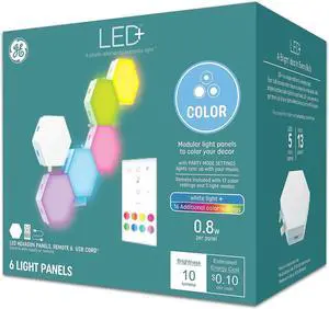 (6 panels) GE LED+ Hex Light Panels, white light plus 16 additional color settings, beautiful accent, College Dorm Light, Dorm Room Essentials, No App or WiFi Required, remote control included (6 panels) GE LED+ Hex Light Panels, white light plus 16 additional color settings, beautiful accent, College Dorm Light, Dorm Room Essentials, No App or WiFi Required, remote control included
