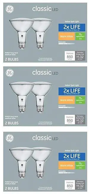 (quantity of 6 bulbs) GE Classic LED PAR30 Longneck, 75 W Equivalent,  Dimmable Spot Warm White