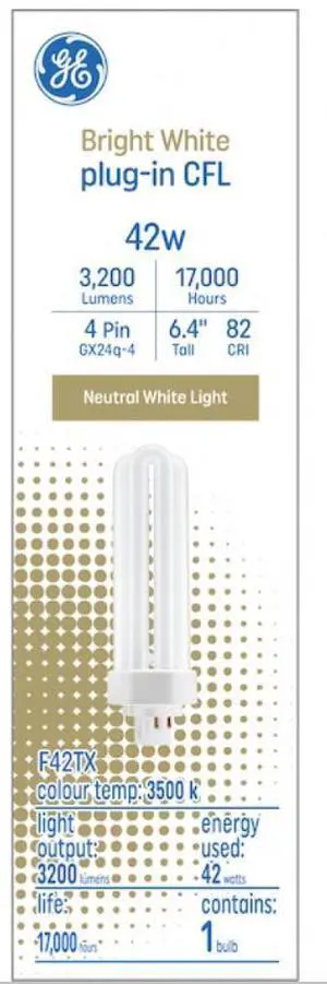 GE Bright White 42 Watt Plug-in CFL GX24q-4 Base,  3500K Neutral Bright White, 6.4-inch F42TBX Light Bulb, 4 pin Plug-in (1-Pack)