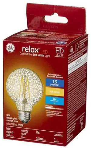 GE Lighting relax LED HD Soft White LED Decorative Crackle Glass G25 Globe, 6 watt, 450 lumen, medium base, Dimmable LED Light bulb GE Lighting relax LED HD Soft White LED Decorative Crackle Glass G25 Globe, 6 watt, 450 lumen, medium base, Dimmable LED Light bulb