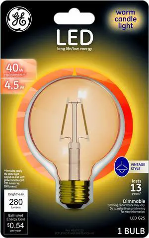 GE Lighting 98633 Amber Glass Light Bulb Dimmable LED Vintage Style G25 Decorative Globe 4.5 (40-Watt Replacement), 280-Lumen Medium Base, 1-Pack, Soft White GE Lighting 98633 Amber Glass Light Bulb Dimmable LED Vintage Style G25 Decorative Globe 4.5 (40-Watt Replacement), 280-Lumen Medium Base, 1-Pack, Soft White