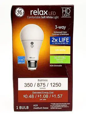 GE 3-WAY RELAX A19 LED BULB 30/70/100 WATTS NON-DIMMABLE 1 PACK GE 3-WAY RELAX A19 LED BULB 30/70/100 WATTS NON-DIMMABLE 1 PACK