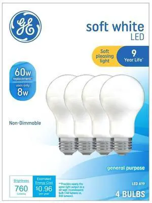 GE 8 WATTS LED A19 NON-DIMMABLE SOFT WHITE GENERAL PURPOSE 4-PACK GE 8 WATTS LED A19 NON-DIMMABLE SOFT WHITE GENERAL PURPOSE 4-PACK