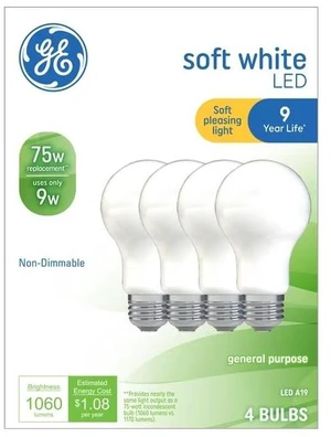 GE LED 9W Soft White 1060 Lumens, 2700K, A19 Non-Dimmable Light Bulb (4PK) GE LED 9W Soft White 1060 Lumens, 2700K, A19 Non-Dimmable Light Bulb (4PK)
