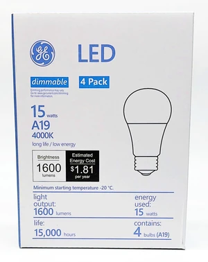 (4 bulbs) GE A19 Dimmable LED Light Bulb, 4000K Cool White, 1600 Lumen, 15 watt (4 bulbs) GE A19 Dimmable LED Light Bulb, 4000K Cool White, 1600 Lumen, 15 watt