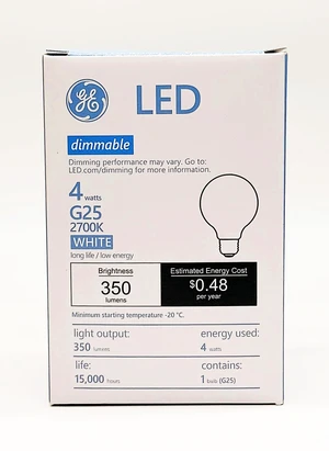 GE 93311966 LED G25 BULB 4 WATTS 2700K GE 93311966 LED G25 BULB 4 WATTS 2700K