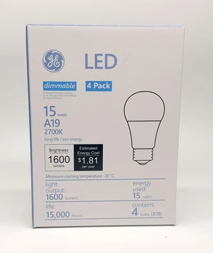 GE 15W A19 LED bulb, E26 Medium Base, Dimmable, 2700K Warm White, 4 Pack GE 15W A19 LED bulb, E26 Medium Base, Dimmable, 2700K Warm White, 4 Pack