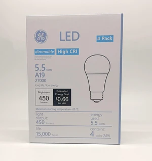 GE 93305532 Dimmable A19 5.5W ,2700K Warm White, 450 Lumens E26 Base 4 Pack GE 93305532 Dimmable A19 5.5W ,2700K Warm White, 450 Lumens E26 Base 4 Pack