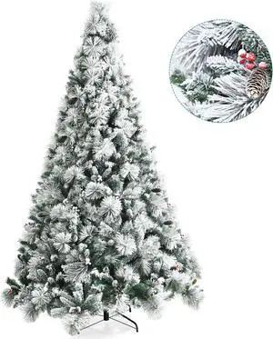 Costway 8ft Snow Flocked Christmas Tree Glitter Tips w/ Pine Cone & Red Berries