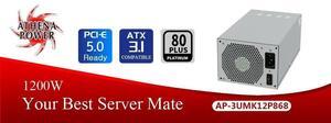 Athena Power AP-3UMK12P868 1200W PSU  3U, 80 PLUS Platinum, ATX 3.1 & PCIe 5.0, 12V-2x6 GPU Connector, Dual Smart Fans, IEC/UL 62368-1 Certified, Global Input for Servers & Workstations