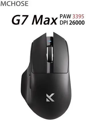 MCHOSE G7 MAX Lightweight Ergonomic Wireless Mouse, PAW3395 26K DPI Sensor, Tri-Mode Connection, Supports wireless 8K (requires separate purchase of 8K receiver), 59g Weight, 800mAh Battery (Black)