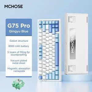 MCHOSE G75 Pro Wireless Mechanical Keyboard, 75% Layout, Gasket Mounted, 5 Layers Dampening,RGB Backlit, 2.4GHz/BT/Wired Tri-Mode, Hot Swappable (QingYu Blue, Cabbage Tofu Switch)
