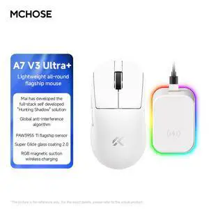 MCHOSE A7 V3 Ultra+ Wireless Mouse, computer mouse, flagship PAW3955 TI sensor, wired 8K/wireless 8K/Bluetooth, 50K DPI (overclocked), with RGB magnetic charger, weight 59g MCHOSE A7 V3 Ultra+ Wireless Mouse, computer mouse, flagship PAW3955 TI sensor, wired 8K/wireless 8K/Bluetooth, 50K DPI (overclocked), with RGB magnetic charger, weight 59g