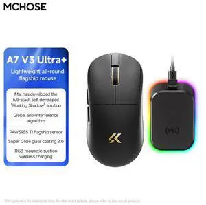 MCHOSE A7 V3 Ultra+ Wireless Mouse, computer mouse, flagship PAW3955 TI sensor, wired 8K/wireless 8K/Bluetooth, 50K DPI (overclocked), with RGB magnetic charger, weight 59g MCHOSE A7 V3 Ultra+ Wireless Mouse, computer mouse, flagship PAW3955 TI sensor, wired 8K/wireless 8K/Bluetooth, 50K DPI (overclocked), with RGB magnetic charger, weight 59g