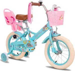 JOYSTAR Little Daisy Kids Bike for 2-7 Years Girls with Training Wheels & Front Handbrake,12 14 16 Inch , Blue Pink White 14" Blue
