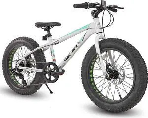 Hiland Kids Fat Tire Mountain Bike, 20 inch, Shimano 7-Speed, Dual-Disc Brakes, Boys Girls Trail Bicycle for Beach and Snow