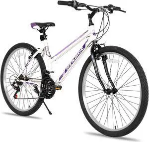 Hiland 26 27.5 Inch Mountain Bike, High-Tensile Steel Frame, 21 Speeds, V Brake, Hardtail Bicycle for Men and Women, Ideal MTB for Adults 26 in. Purplish White