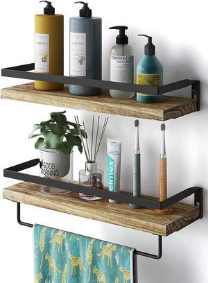 Floating Shelves Wall Mounted for Bathroom, Kitchen, Bedroom, Storage Shelf with Towel Holder, Rustic Wood Set of 2