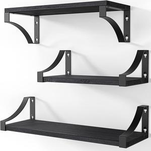 Floating Shelves Set of 3 with Heavy Duty Metal Frame, Hold up to 55lbs, Rustic Wood Wall Shelves for Bedroom, Bathroom, Living Room, Kitchen, Storage & Decoration, Black