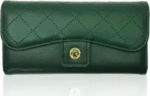 Sophisticated Womens Trifold Wallet - Long Clutch Style, PU Leather, Essential Organizers, Timeless Black Green